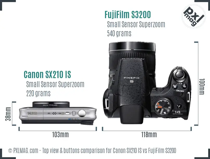 Canon SX210 IS vs FujiFilm S3200 top view buttons comparison