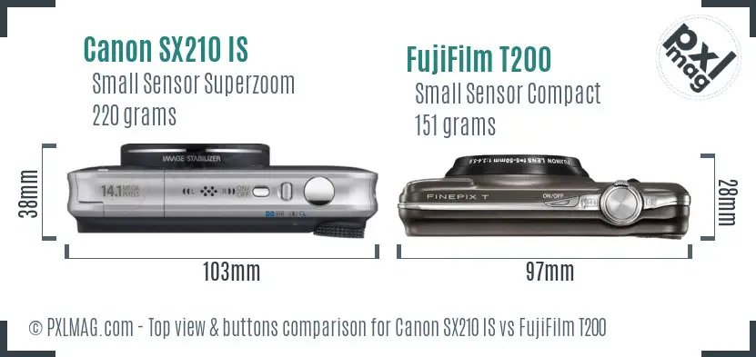Canon SX210 IS vs FujiFilm T200 top view buttons comparison