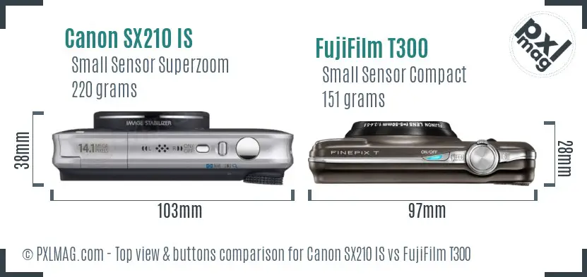 Canon SX210 IS vs FujiFilm T300 top view buttons comparison