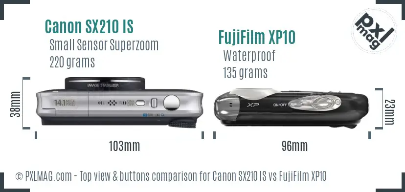 Canon SX210 IS vs FujiFilm XP10 top view buttons comparison