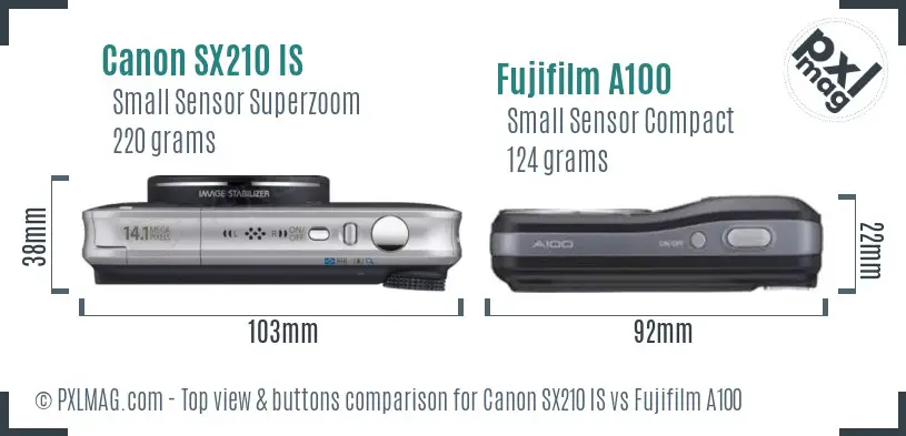 Canon SX210 IS vs Fujifilm A100 top view buttons comparison Canon SX210 IS vs Fujifilm A100 top view buttons comparison