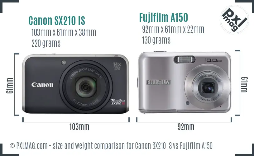 Canon SX210 IS vs Fujifilm A150 size comparison Canon SX210 IS vs Fujifilm A150 size comparison