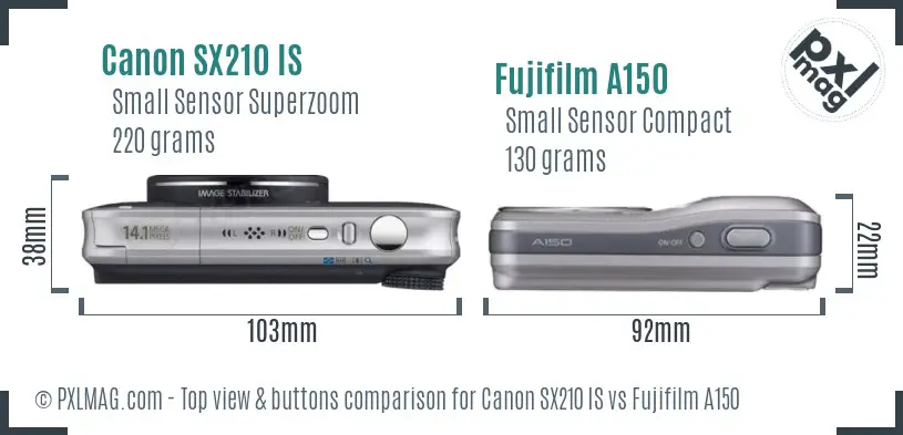 Canon SX210 IS vs Fujifilm A150 top view buttons comparison Canon SX210 IS vs Fujifilm A150 top view buttons comparison
