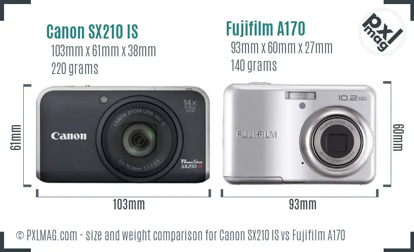Canon SX210 IS vs Fujifilm A170 size comparison