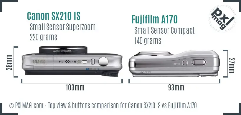 Canon SX210 IS vs Fujifilm A170 top view buttons comparison