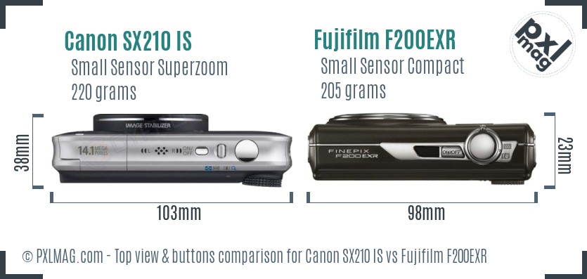 Canon SX210 IS vs Fujifilm F200EXR top view buttons comparison