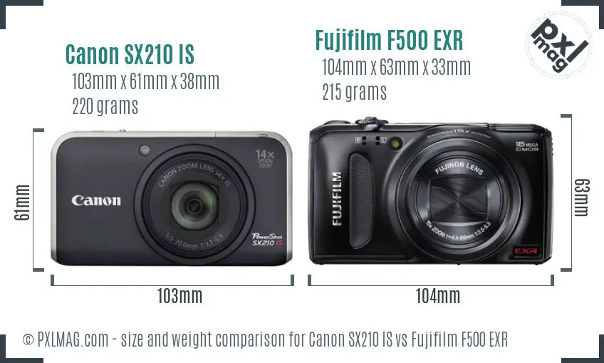 Canon SX210 IS vs Fujifilm F500 EXR size comparison