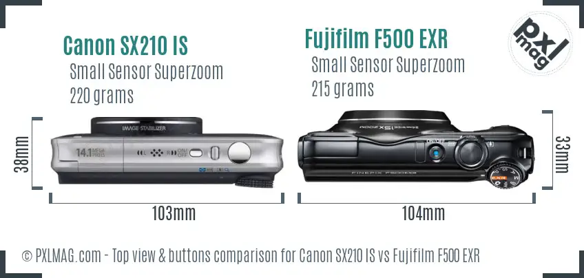 Canon SX210 IS vs Fujifilm F500 EXR top view buttons comparison