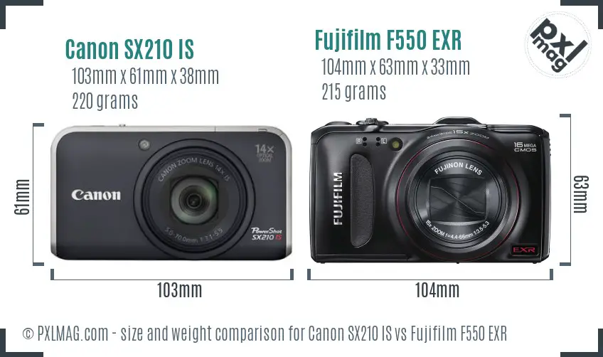 Canon SX210 IS vs Fujifilm F550 EXR size comparison