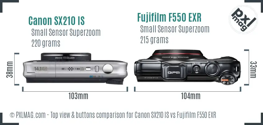 Canon SX210 IS vs Fujifilm F550 EXR top view buttons comparison