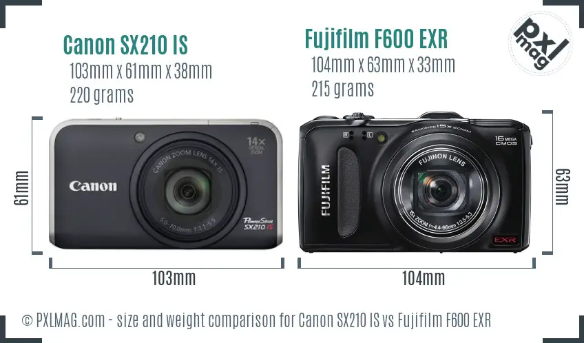 Canon SX210 IS vs Fujifilm F600 EXR size comparison