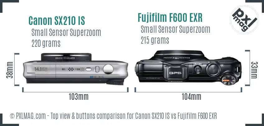 Canon SX210 IS vs Fujifilm F600 EXR top view buttons comparison