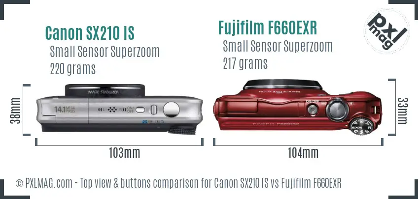 Canon SX210 IS vs Fujifilm F660EXR top view buttons comparison