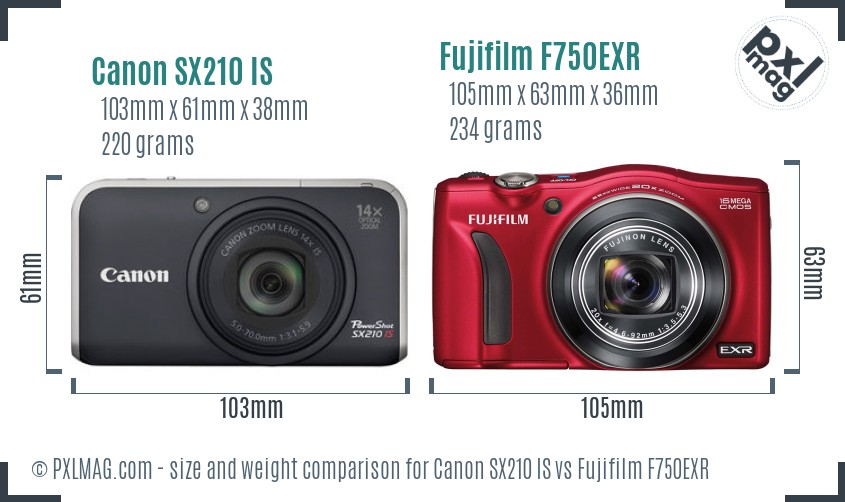 Canon SX210 IS vs Fujifilm F750EXR size comparison