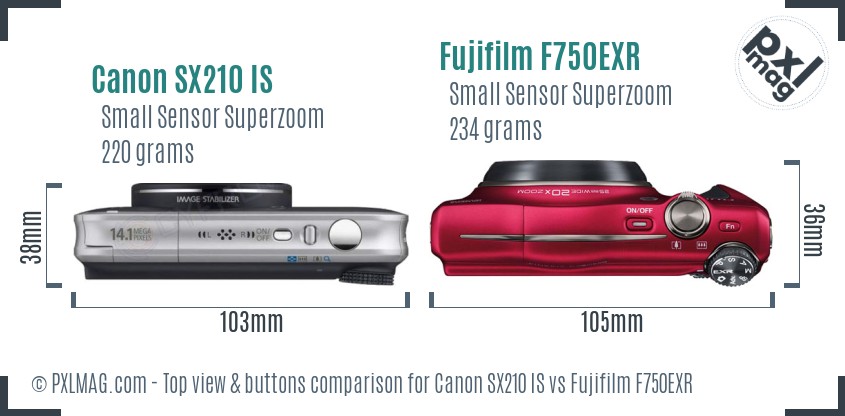 Canon SX210 IS vs Fujifilm F750EXR top view buttons comparison
