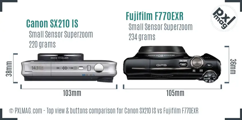 Canon SX210 IS vs Fujifilm F770EXR top view buttons comparison