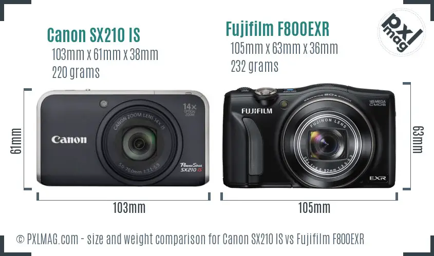 Canon SX210 IS vs Fujifilm F800EXR size comparison