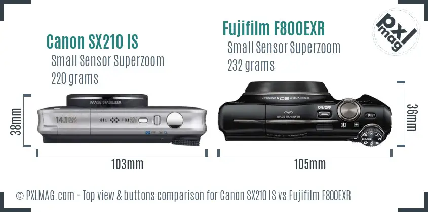 Canon SX210 IS vs Fujifilm F800EXR top view buttons comparison