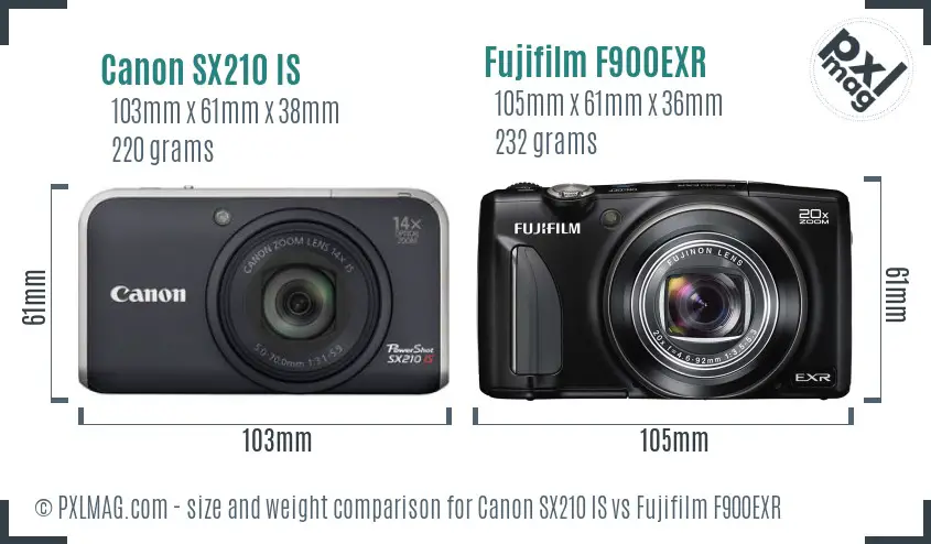 Canon SX210 IS vs Fujifilm F900EXR size comparison