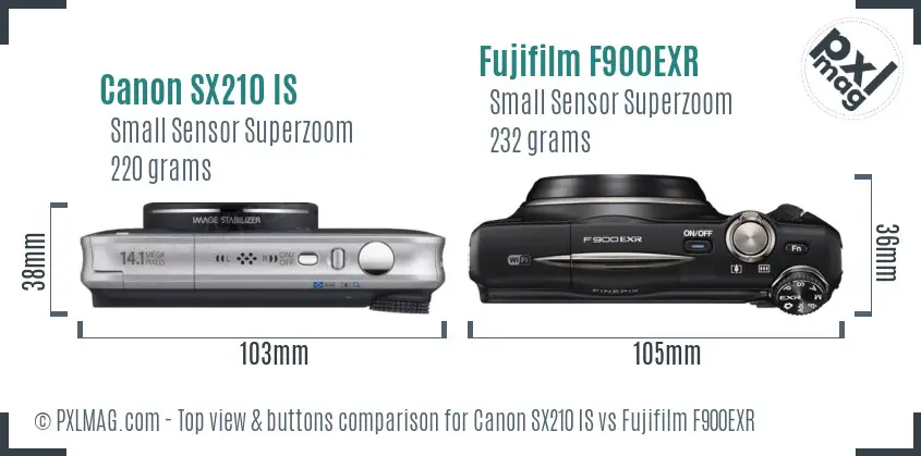 Canon SX210 IS vs Fujifilm F900EXR top view buttons comparison