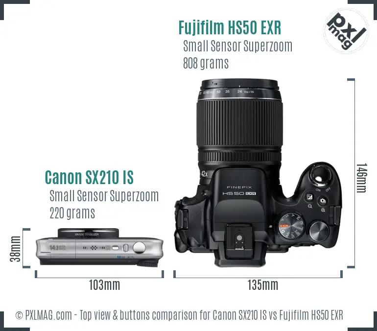 Canon SX210 IS vs Fujifilm HS50 EXR top view buttons comparison Canon SX210 IS vs Fujifilm HS50 EXR top view buttons comparison