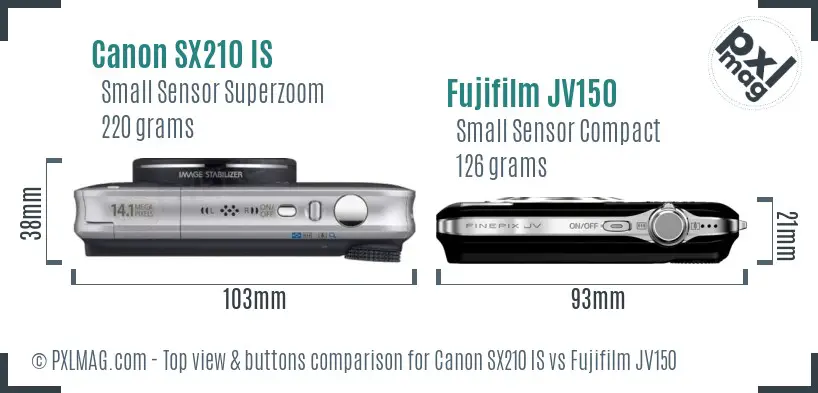 Canon SX210 IS vs Fujifilm JV150 top view buttons comparison Canon SX210 IS vs Fujifilm JV150 top view buttons comparison