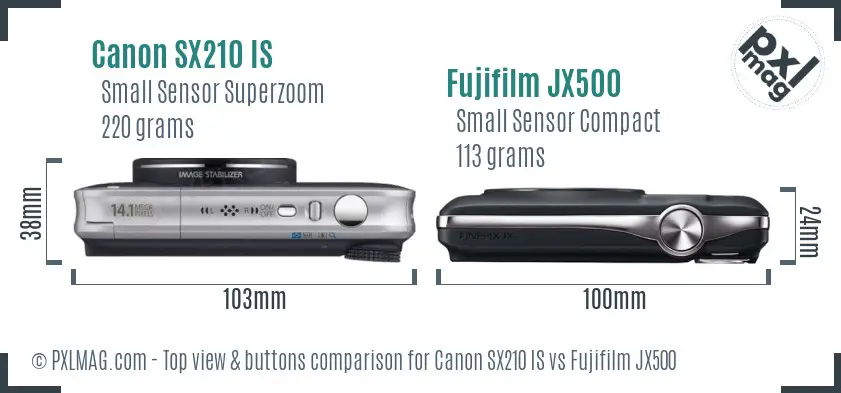 Canon SX210 IS vs Fujifilm JX500 top view buttons comparison Canon SX210 IS vs Fujifilm JX500 top view buttons comparison