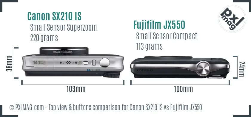 Canon SX210 IS vs Fujifilm JX550 top view buttons comparison