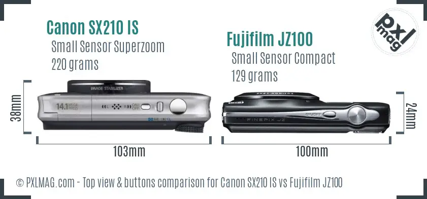 Canon SX210 IS vs Fujifilm JZ100 top view buttons comparison