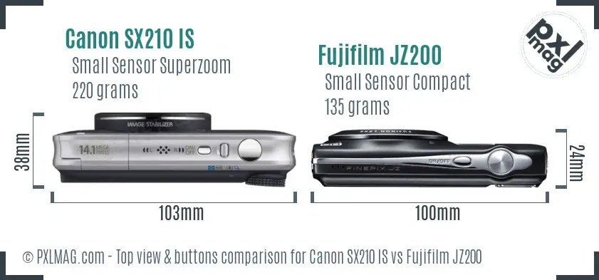 Canon SX210 IS vs Fujifilm JZ200 top view buttons comparison