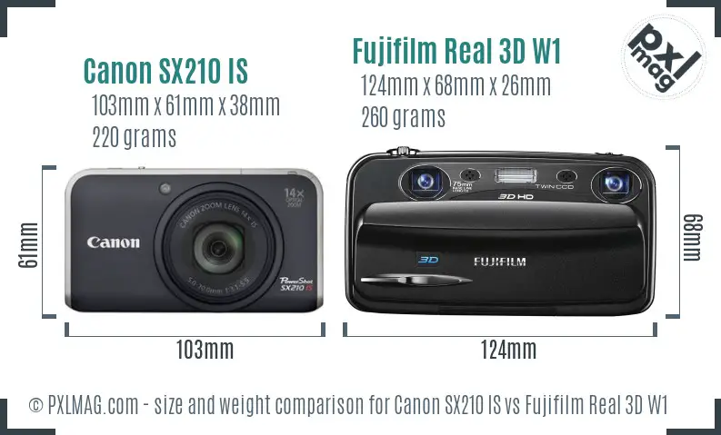 Canon SX210 IS vs Fujifilm Real 3D W1 size comparison