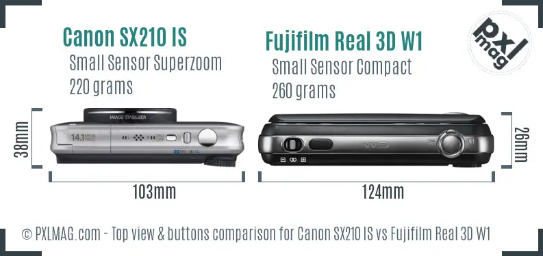 Canon SX210 IS vs Fujifilm Real 3D W1 top view buttons comparison