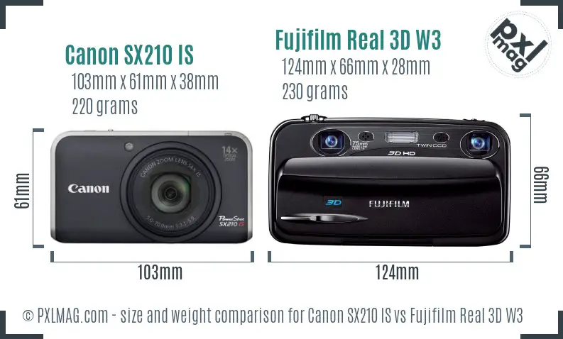 Canon SX210 IS vs Fujifilm Real 3D W3 size comparison