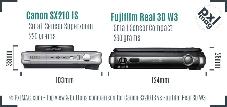 Canon SX210 IS vs Fujifilm Real 3D W3 top view buttons comparison