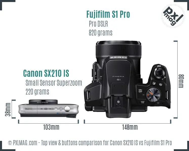 Canon SX210 IS vs Fujifilm S1 Pro top view buttons comparison