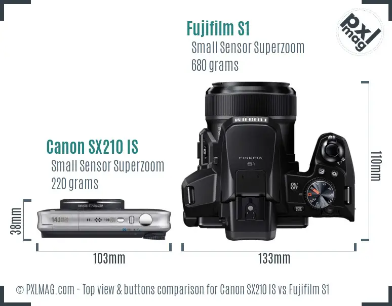 Canon SX210 IS vs Fujifilm S1 top view buttons comparison