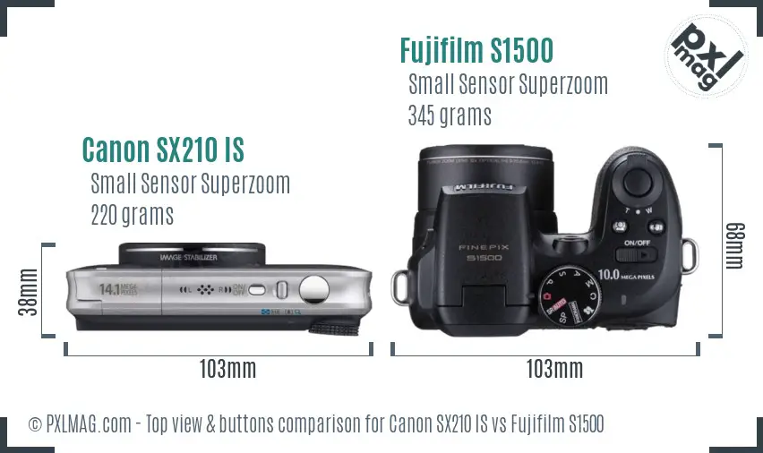 Canon SX210 IS vs Fujifilm S1500 top view buttons comparison