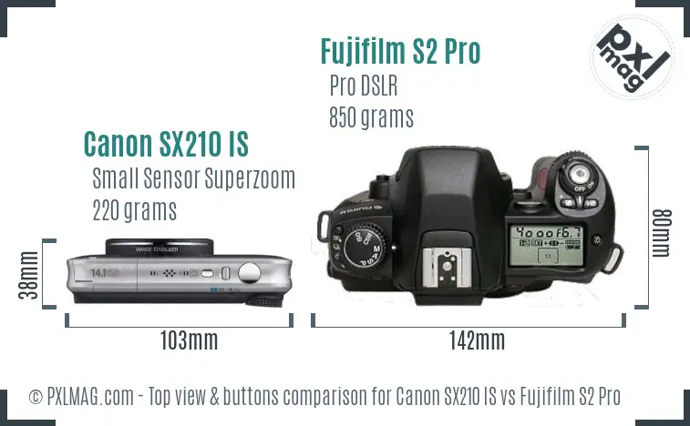 Canon SX210 IS vs Fujifilm S2 Pro top view buttons comparison