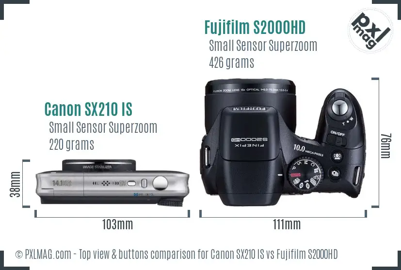 Canon SX210 IS vs Fujifilm S2000HD top view buttons comparison