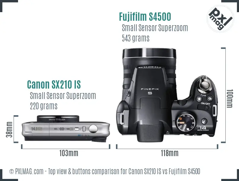 Canon SX210 IS vs Fujifilm S4500 top view buttons comparison