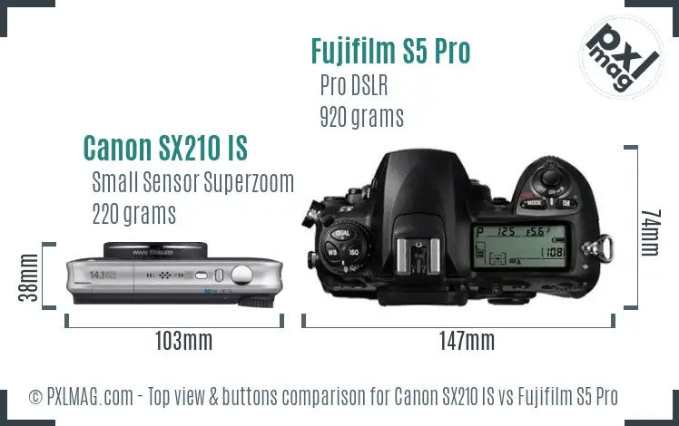 Canon SX210 IS vs Fujifilm S5 Pro top view buttons comparison Canon SX210 IS vs Fujifilm S5 Pro top view buttons comparison