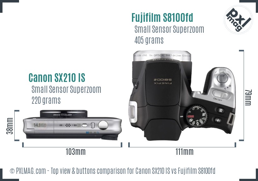 Canon SX210 IS vs Fujifilm S8100fd top view buttons comparison