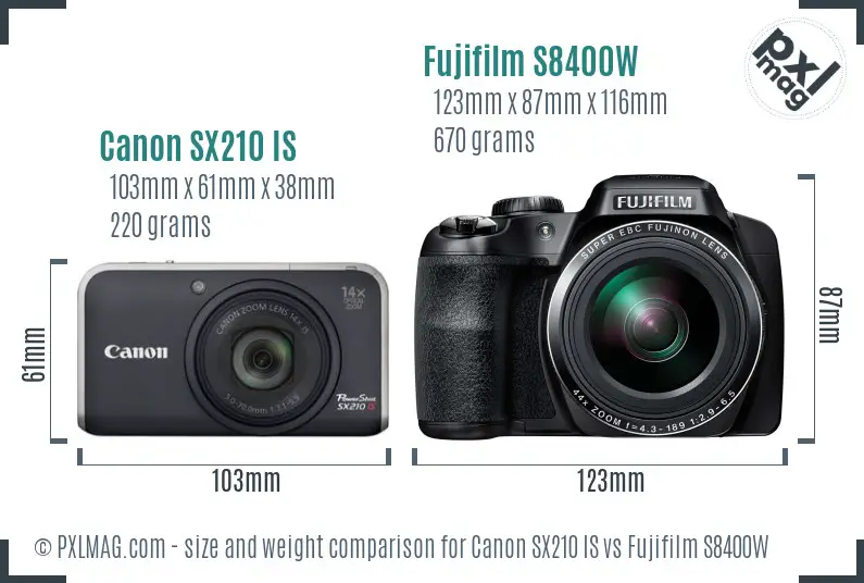 Canon SX210 IS vs Fujifilm S8400W size comparison