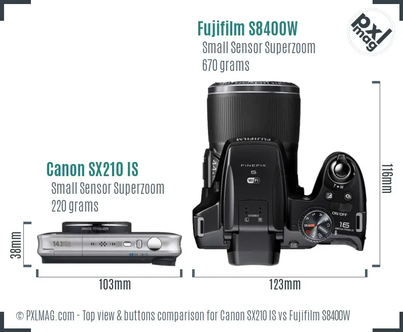 Canon SX210 IS vs Fujifilm S8400W top view buttons comparison