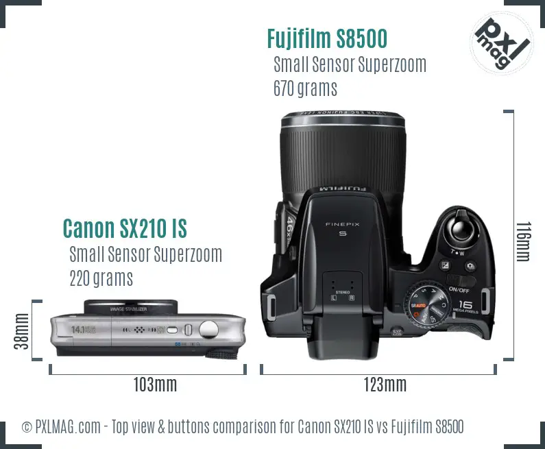 Canon SX210 IS vs Fujifilm S8500 top view buttons comparison Canon SX210 IS vs Fujifilm S8500 top view buttons comparison