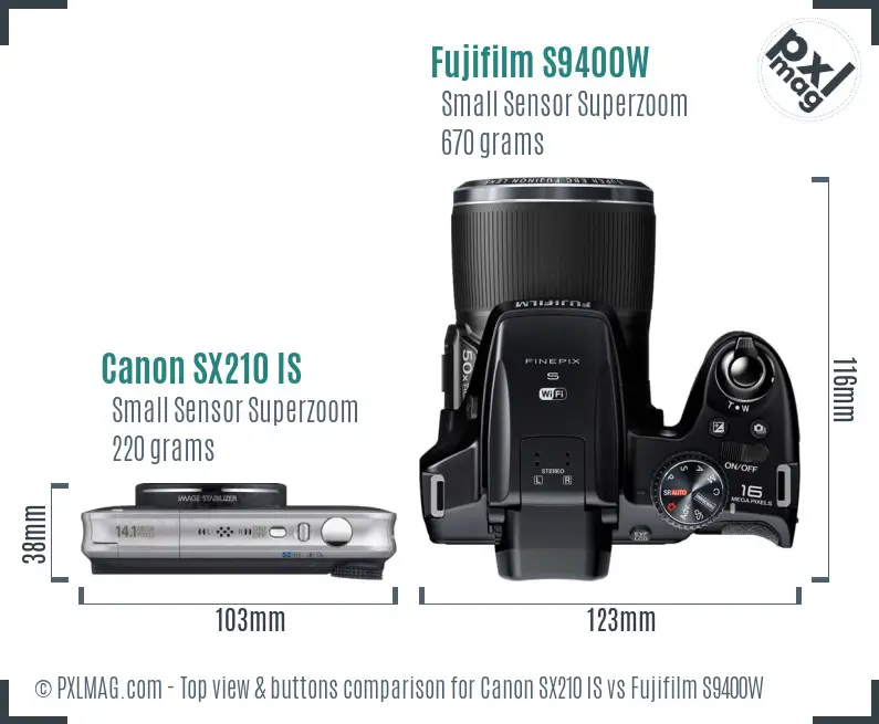 Canon SX210 IS vs Fujifilm S9400W top view buttons comparison