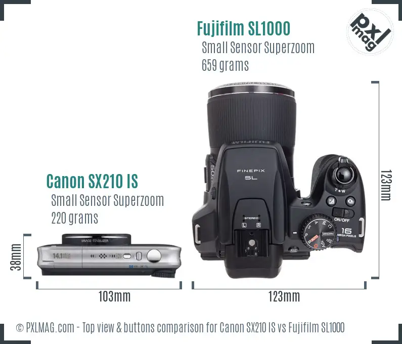 Canon SX210 IS vs Fujifilm SL1000 top view buttons comparison