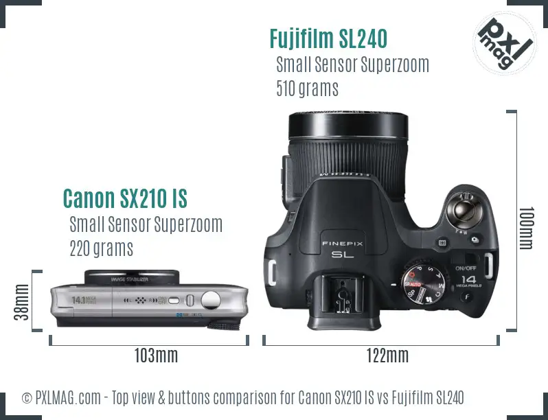 Canon SX210 IS vs Fujifilm SL240 top view buttons comparison