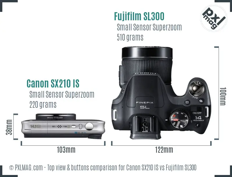 Canon SX210 IS vs Fujifilm SL300 top view buttons comparison