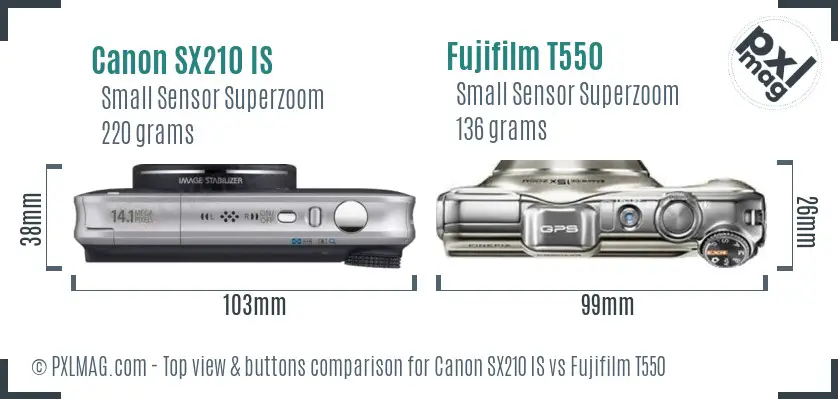 Canon SX210 IS vs Fujifilm T550 top view buttons comparison